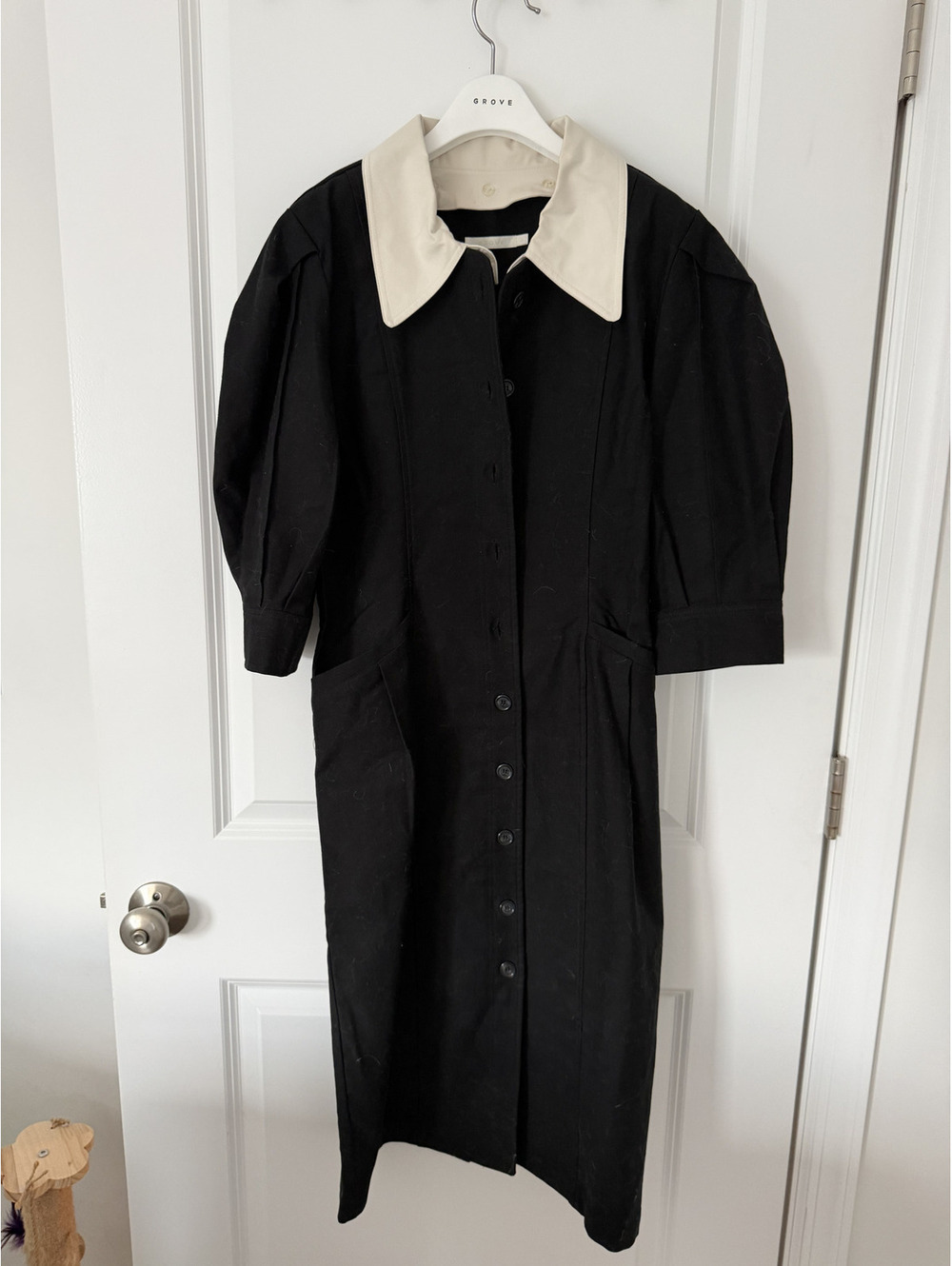 Grove Black Midi Dress with Contrasting White Collar and Button Front